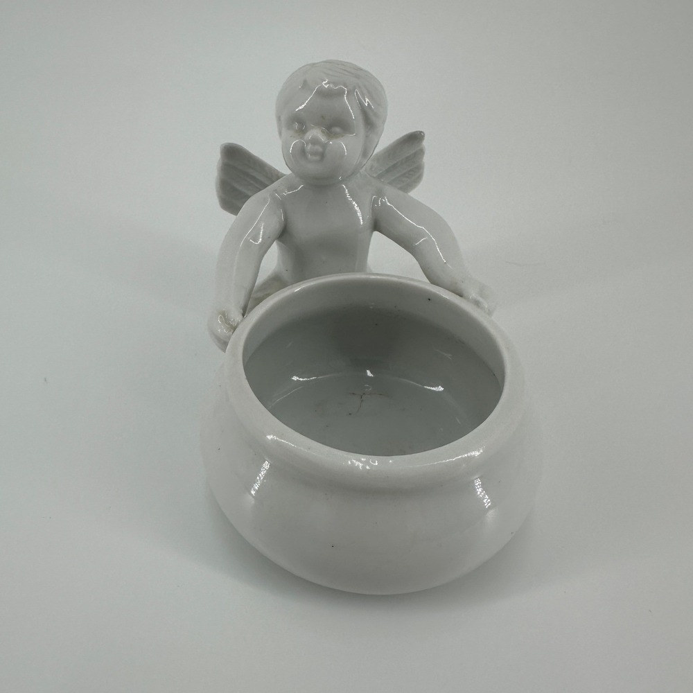 Vintage White Ceramic Cherub Angel Figurine Trinket Dish Ring‎ Holder